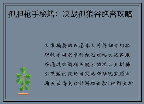 孤胆枪手秘籍：决战孤狼谷绝密攻略