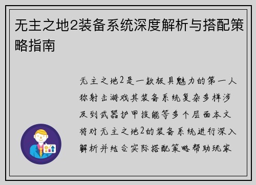 无主之地2装备系统深度解析与搭配策略指南
